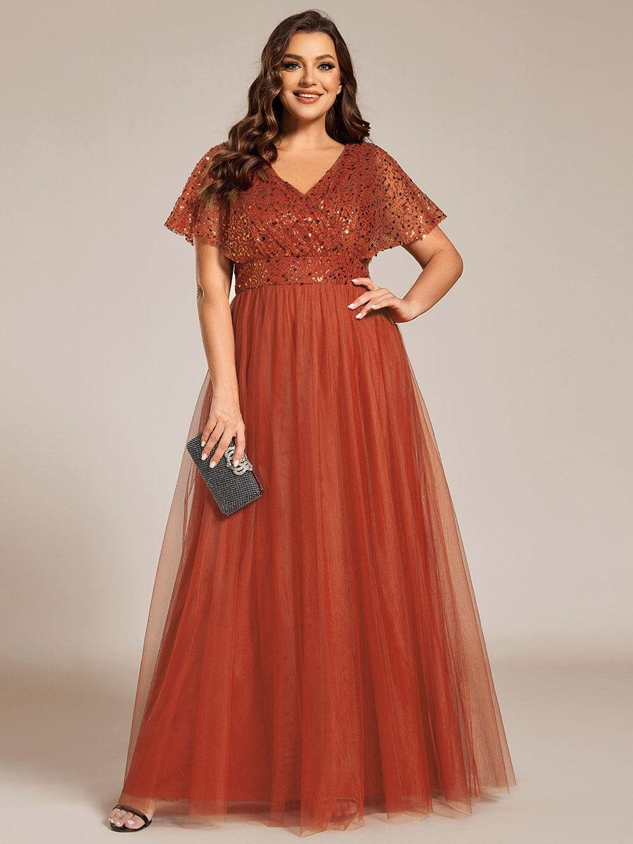 Sparkly Sequin A-Line V-Neck Tulle Formal Evening Dress #color_Burnt Orange