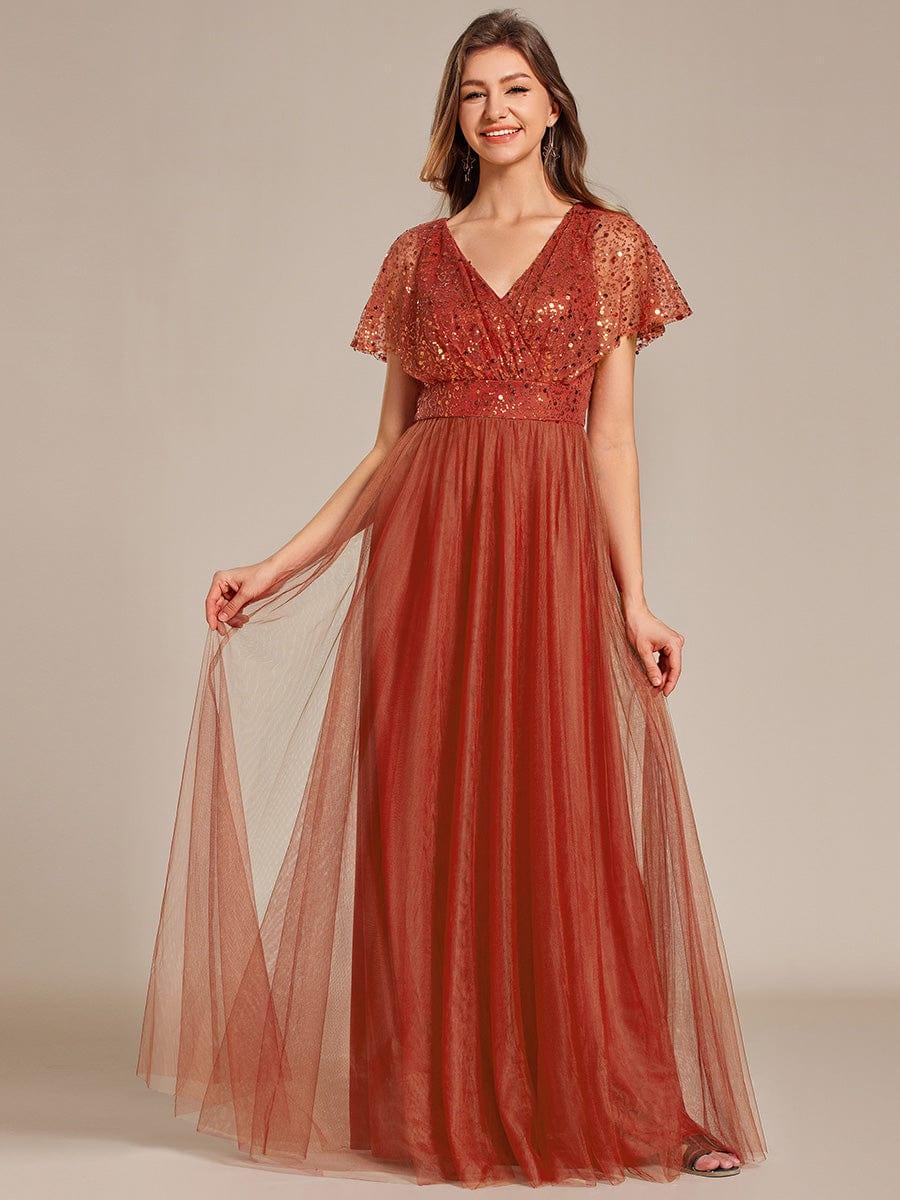 Sparkly Sequin A-Line V-Neck Tulle Formal Evening Dress #color_Burnt Orange