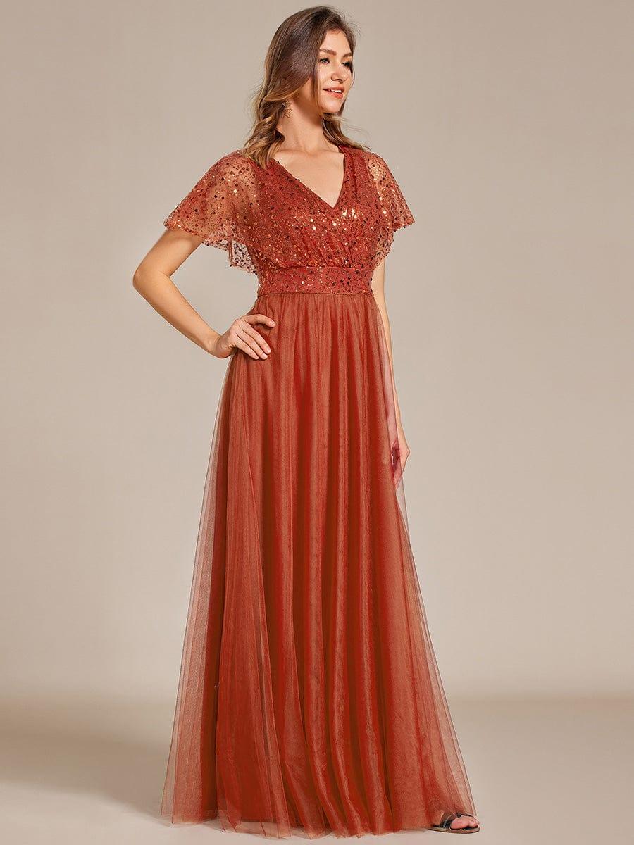 Sparkly Sequin A-Line V-Neck Tulle Formal Evening Dress #color_Burnt Orange