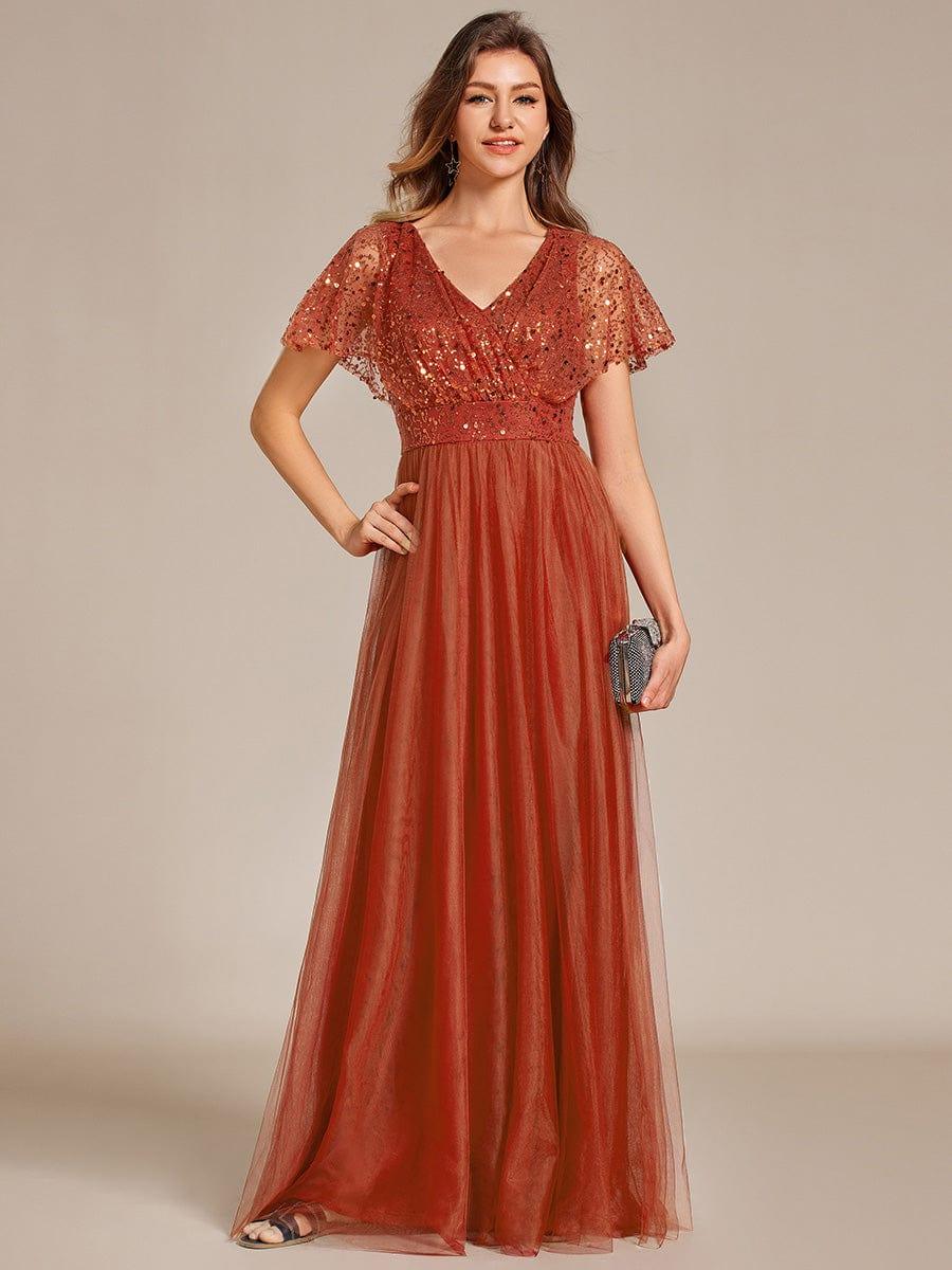Sparkly Sequin A-Line V-Neck Tulle Formal Evening Dress #color_Burnt Orange