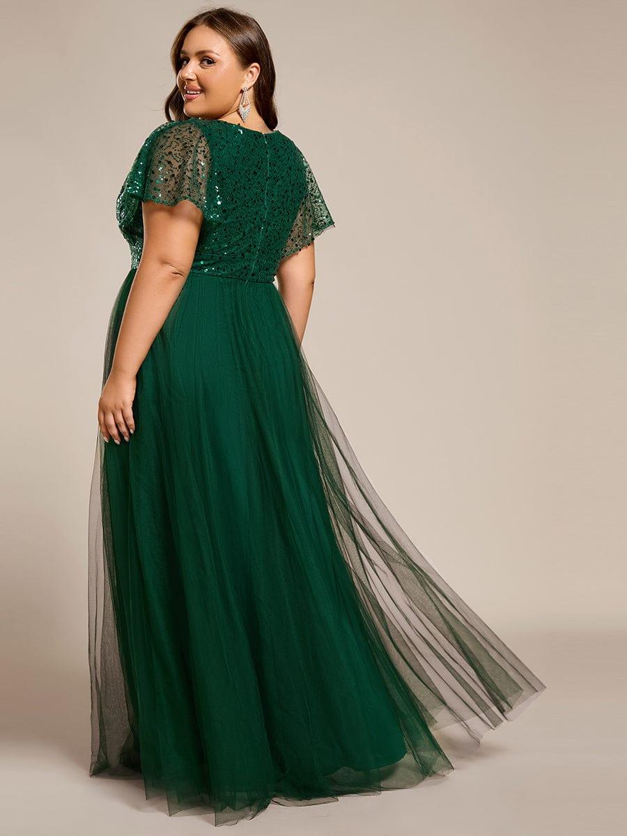 Plus Size Short Sleeves Sequin V-Neck Formal Evening Dress with Tulle #color_Dark Green
