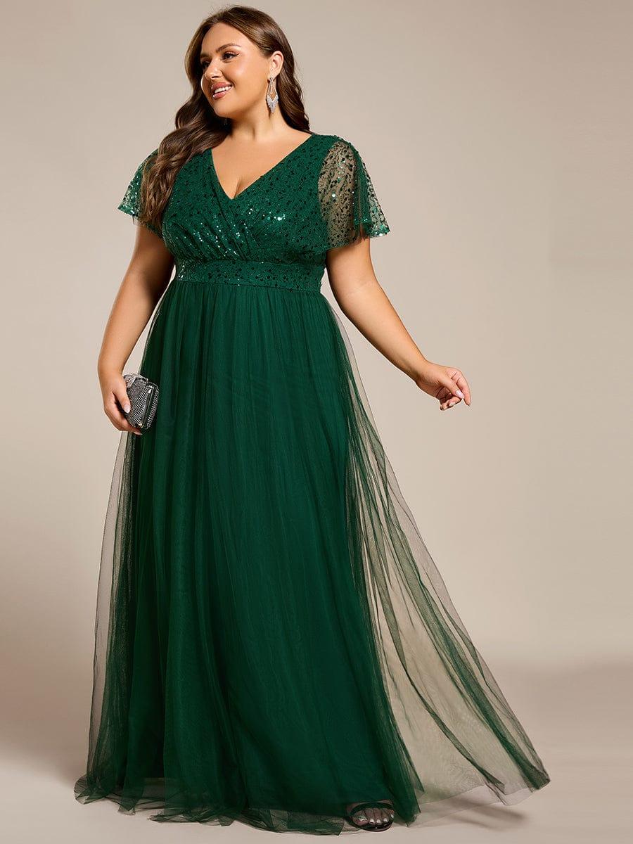 Plus Size Short Sleeves Sequin V-Neck Formal Evening Dress with Tulle #color_Dark Green