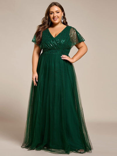 Plus Size Short Sleeves Sequin V-Neck Formal Evening Dress with Tulle #color_Dark Green