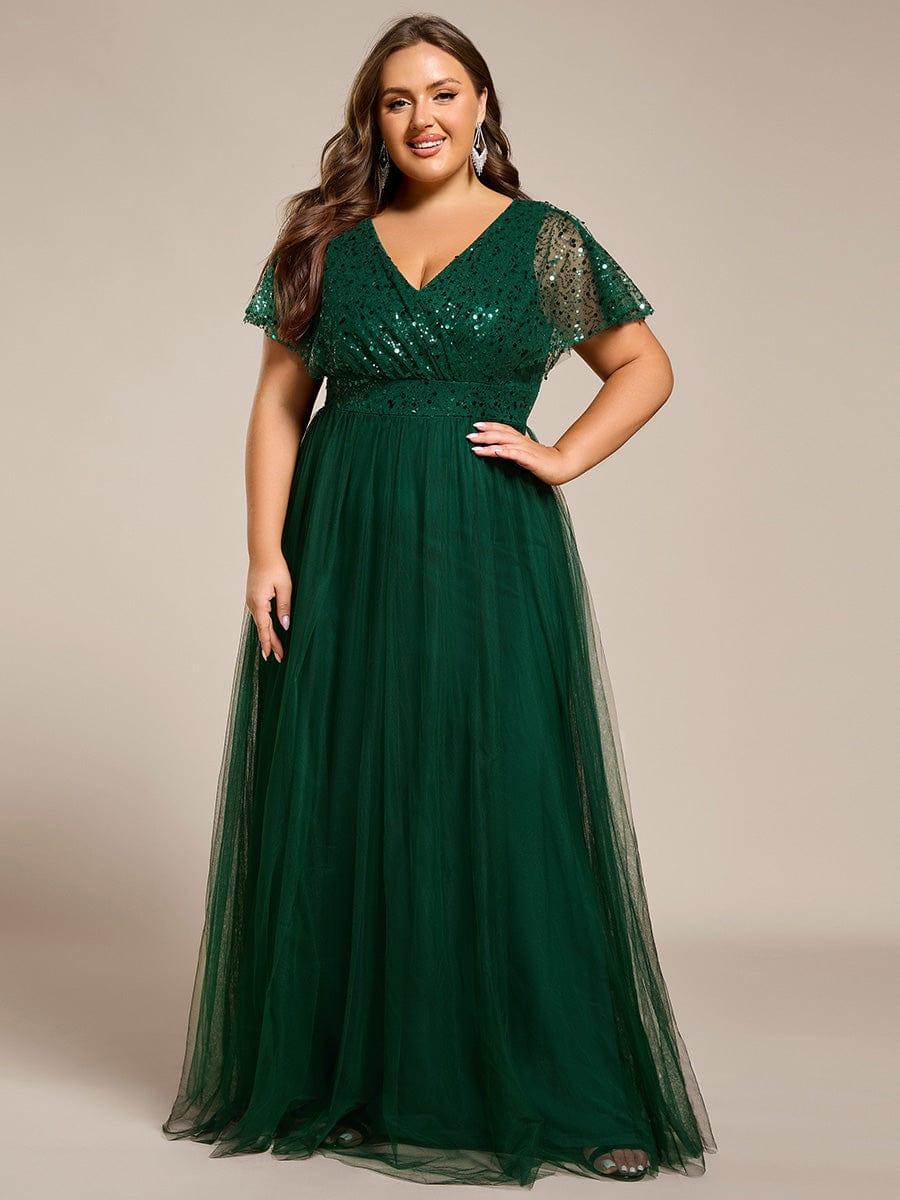 Plus Size Short Sleeves Sequin V-Neck Formal Evening Dress with Tulle #color_Dark Green