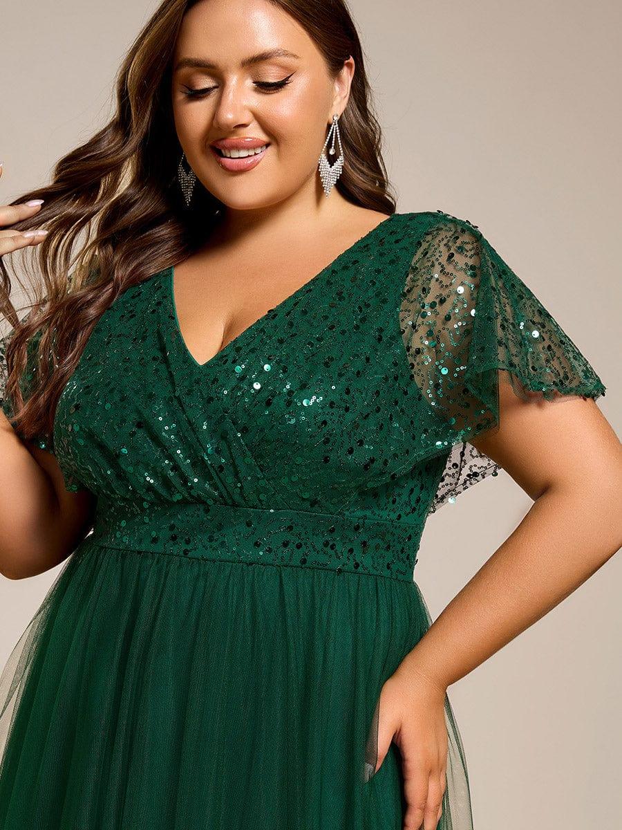 Plus Size Short Sleeves Sequin V-Neck Formal Evening Dress with Tulle #color_Dark Green