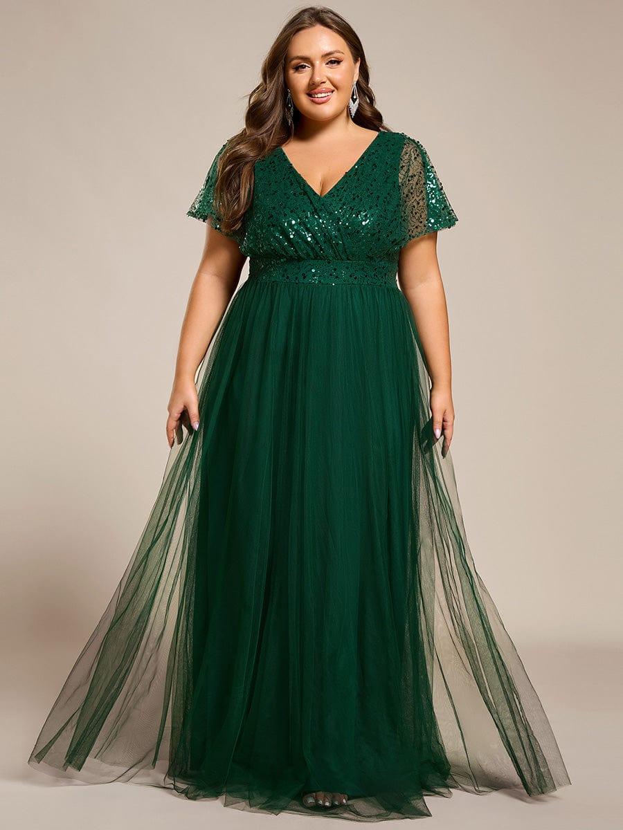Plus Size Short Sleeves Sequin V-Neck Formal Evening Dress with Tulle #color_Dark Green