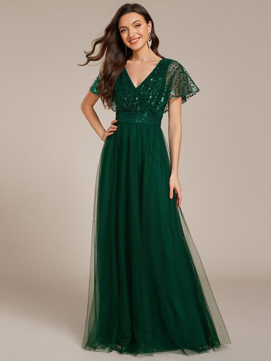 Sparkly Sequin A-Line V-Neck Tulle Formal Evening Dress #color_Dark Green