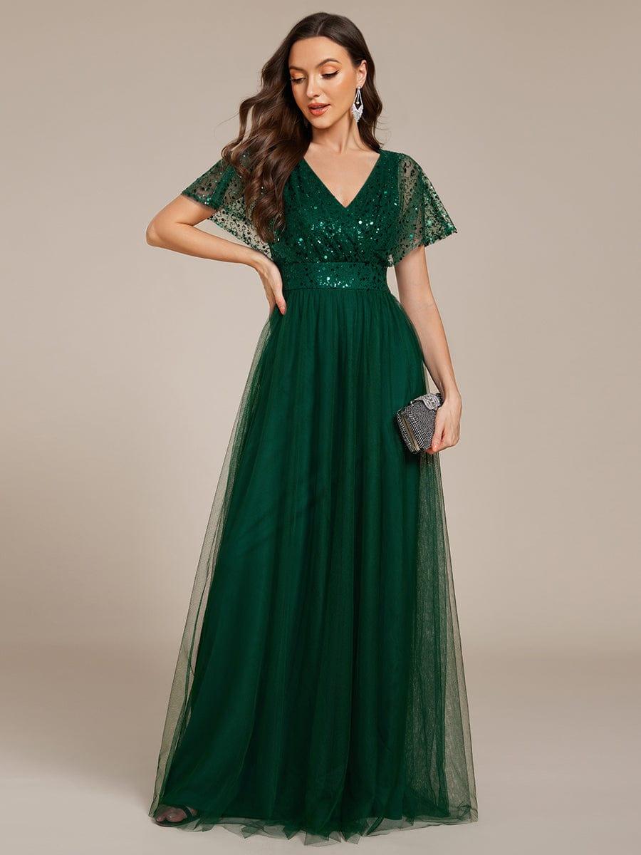 Sparkly Sequin A-Line V-Neck Tulle Formal Evening Dress #color_Dark Green
