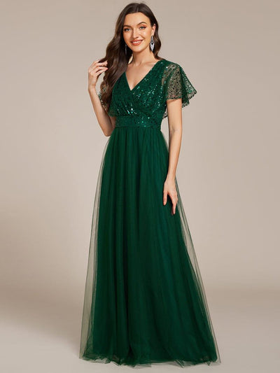 Sparkly Sequin A-Line V-Neck Tulle Formal Evening Dress #color_Dark Green
