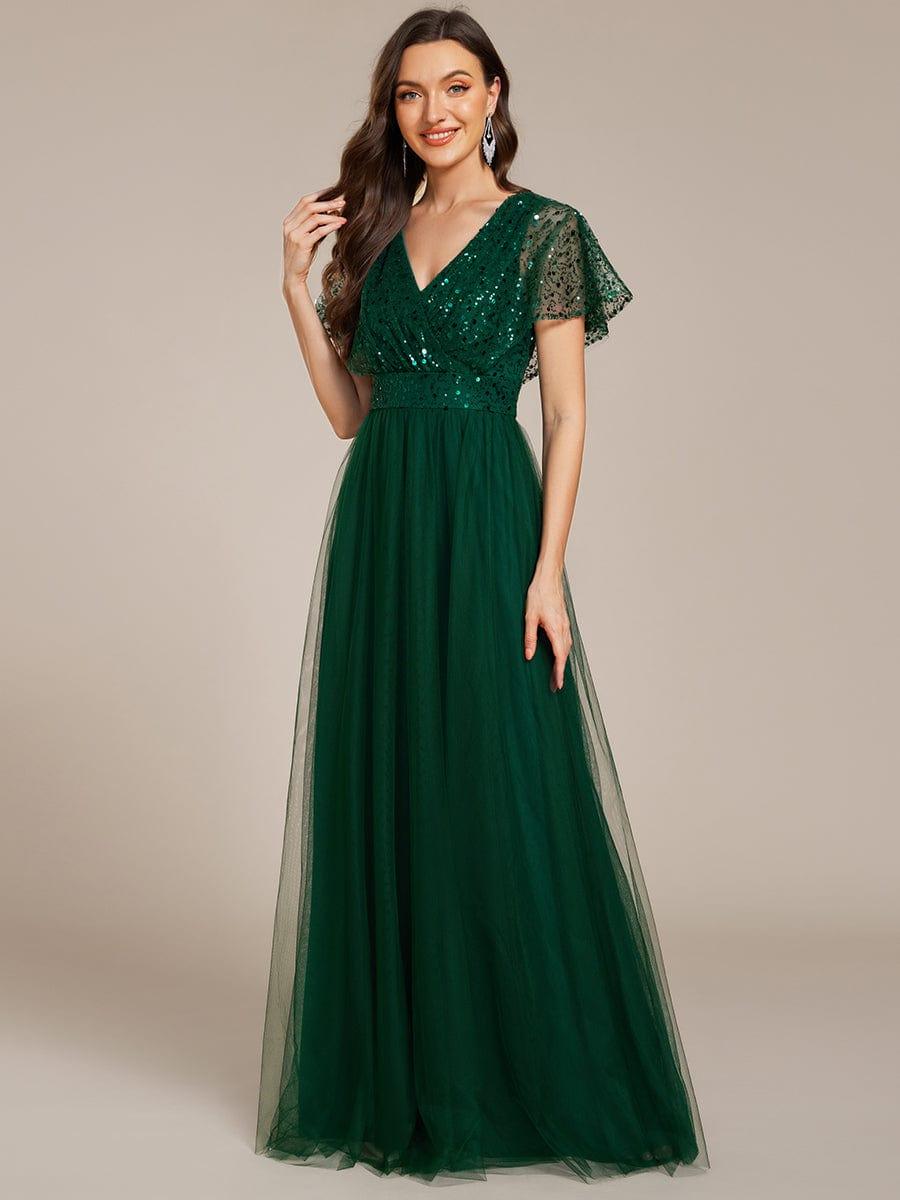 Sparkly Sequin A-Line V-Neck Tulle Formal Evening Dress #color_Dark Green