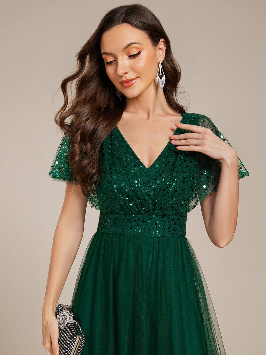 Sparkly Sequin A-Line V-Neck Tulle Formal Evening Dress #color_Dark Green