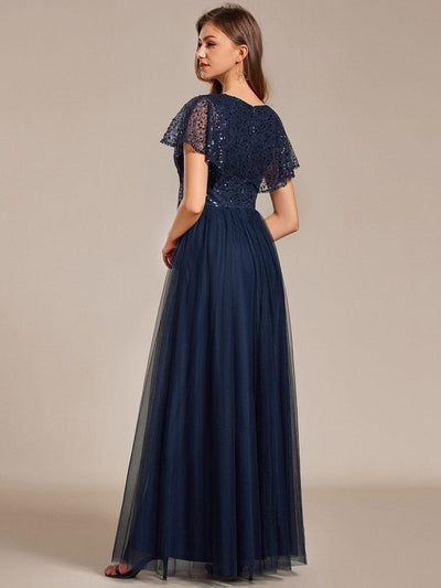 Sparkly Sequin A-Line V-Neck Tulle Formal Evening Dress #color_Navy Blue