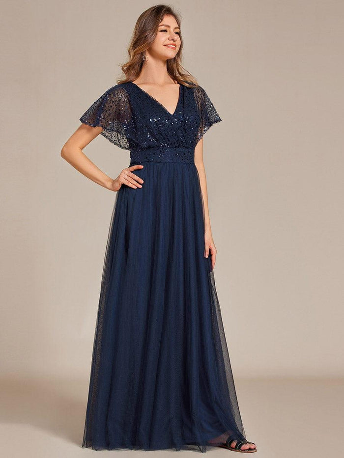 A line v neck tulle evening dress s74