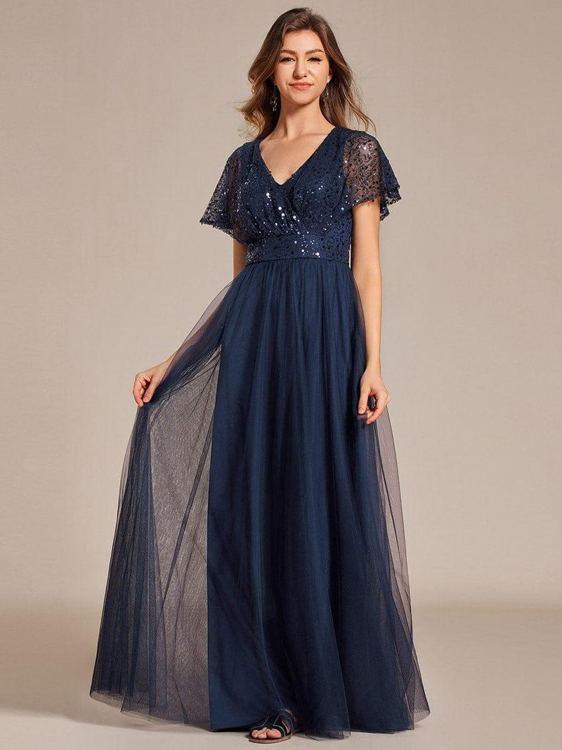 Stunning Sequin A-Line V-Neck Tulle Formal Evening Dress