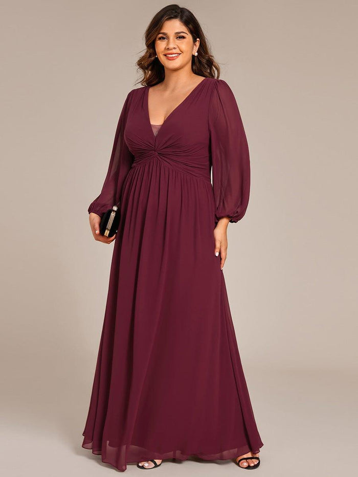 Plus Square Neck Lantern Sleeves Split Thigh Evening Dress