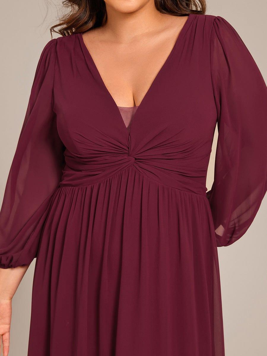 Plus Size A-Line Pleated Long Lantern Sleeves Chiffon Formal Evening Dress #color_Burgundy