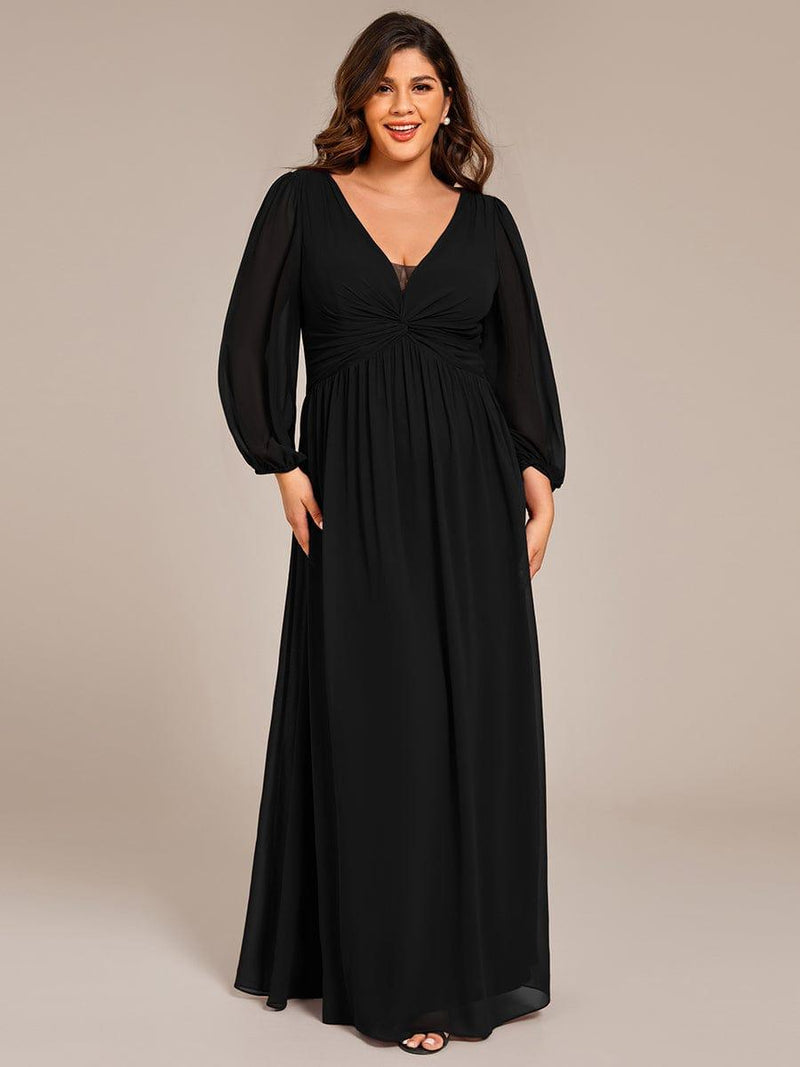Plus Size Pleated Long Lantern Sleeves V-Neck Chiffon Formal Evening