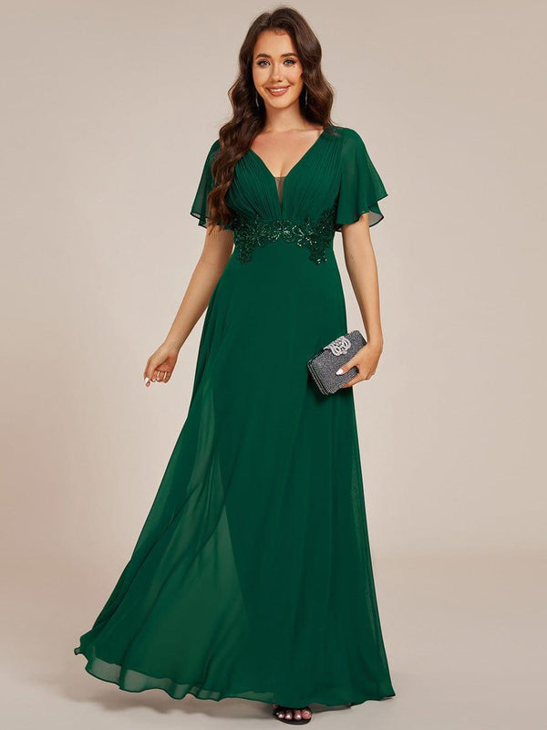 Deep V Neck Short Sleeve Pleated High Waist Slit Party Evening Dress Solid Color Dress