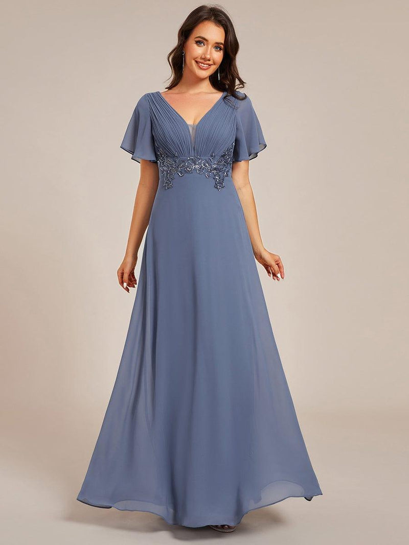 Elegant Printed V Neck Pleated Bell Sleeve Dress