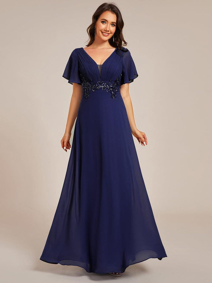 V-neck Pleated Applique Empire Dress With Slit Dusty Blue main image 1