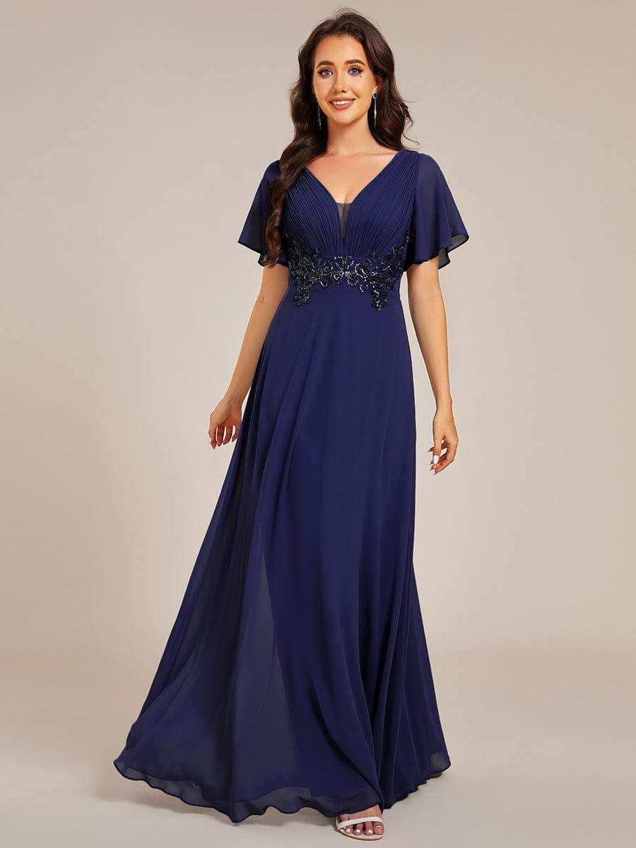 Elegant Deep V-Neck Pleated Short Sleeve Maxi Formal Evening Dress Elegant Deep V-Neck Pleated Short Sleeve Maxi Formal Evening Dress