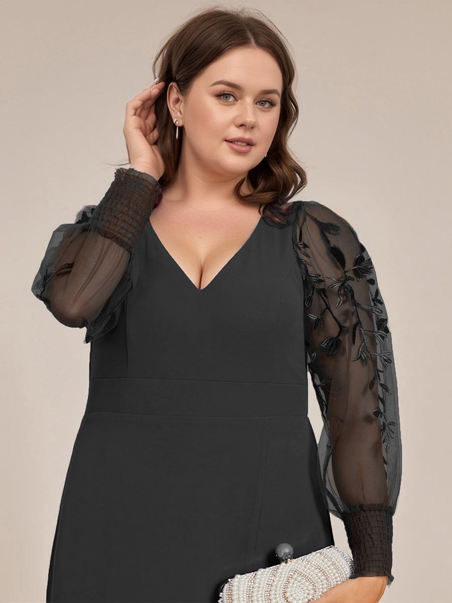 See-Through Long Sleeve V-Neck High Slit Chiffon Formal Evening Dress #color_Black