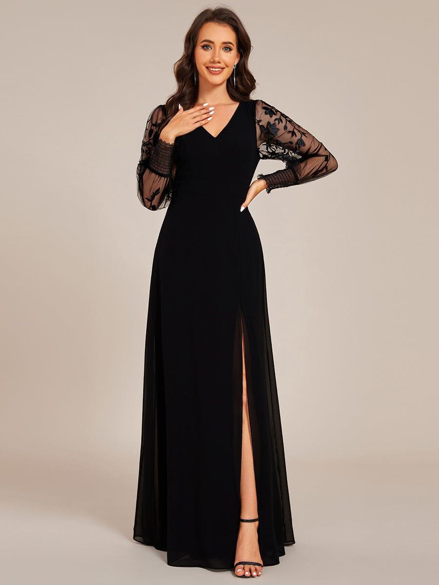 black long evening dress with sleeves V-Neck See-Through Sleeve High Slit Chiffon Formal Color:ROSE If youd prefer to 32
