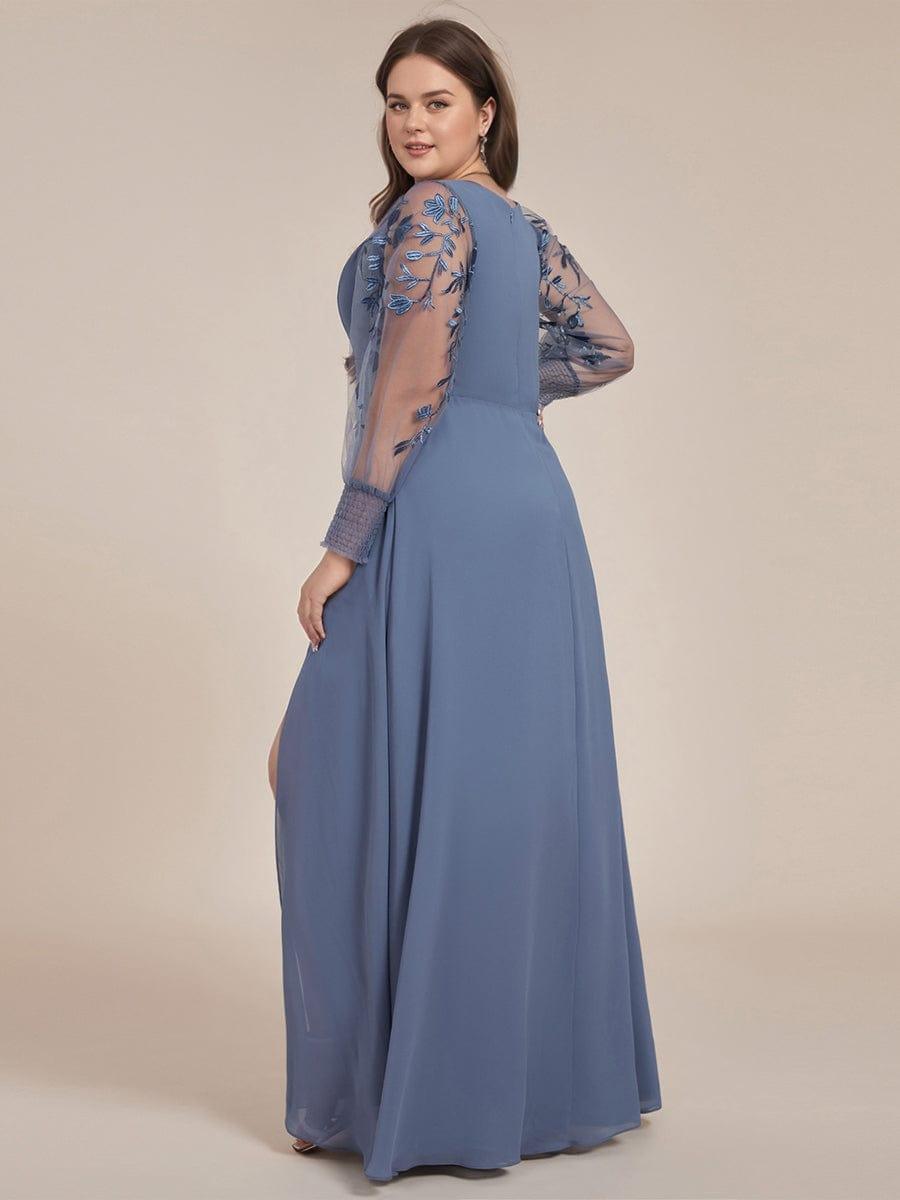 See-Through Long Sleeve V-Neck High Slit Chiffon Formal Evening Dress #color_Dusty Blue