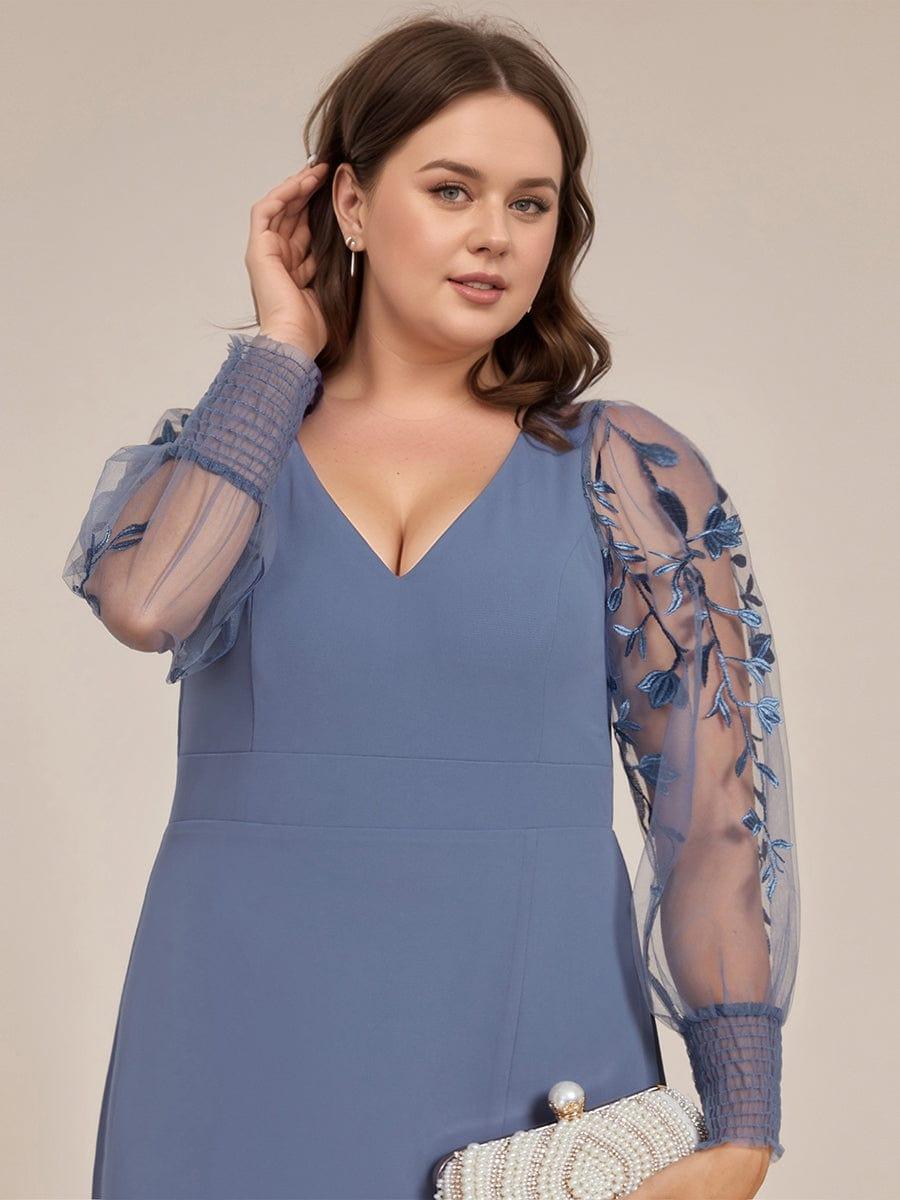 See-Through Long Sleeve V-Neck High Slit Chiffon Formal Evening Dress #color_Dusty Blue