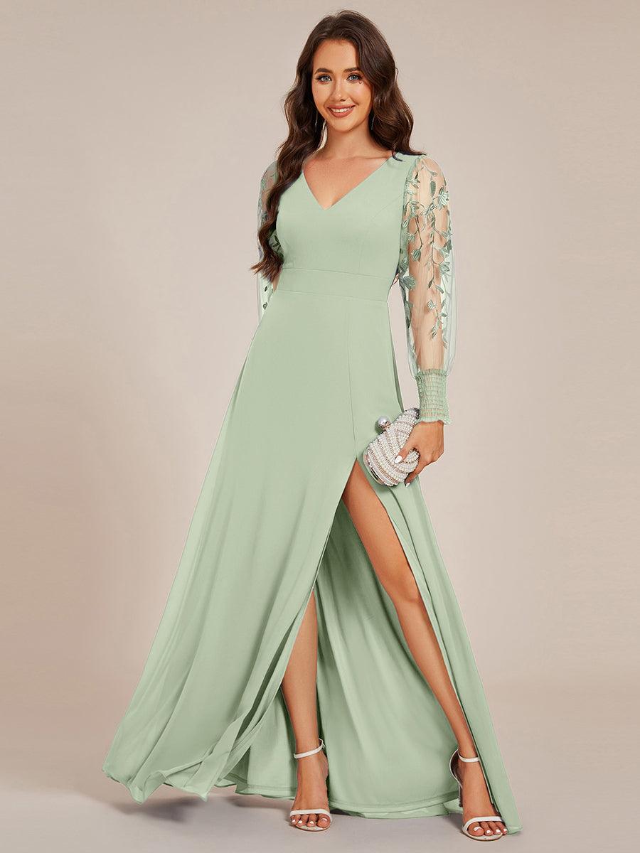 See-Through Long Sleeve V-Neck High Slit Chiffon Formal Evening Dress #color_Mint Green