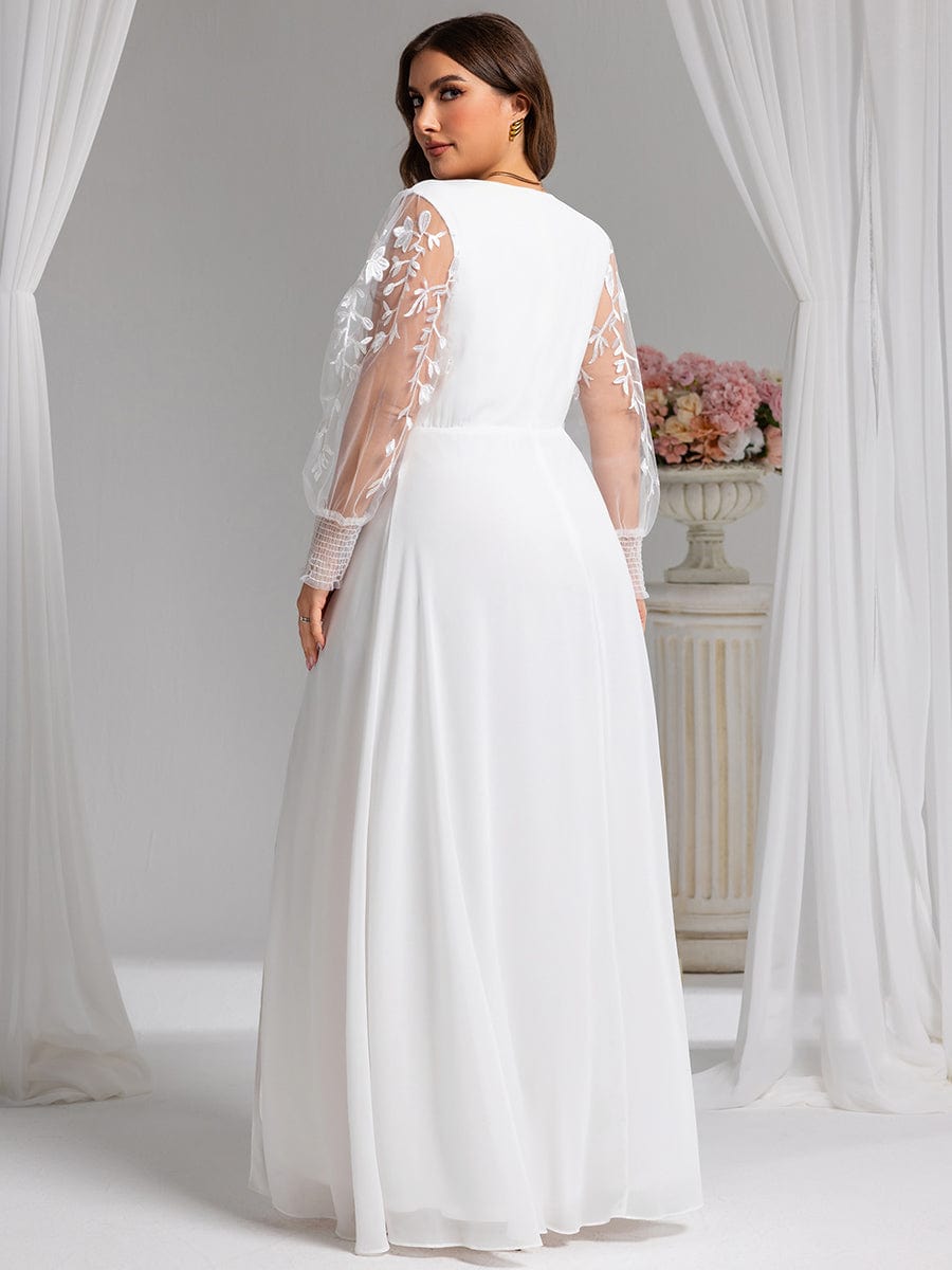 See-Through Long Sleeve V-Neck High Slit Chiffon Formal Evening Dress #color_White