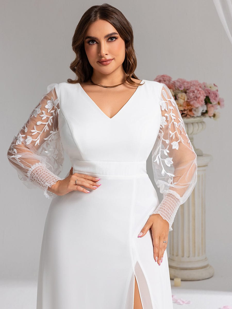 See-Through Long Sleeve V-Neck High Slit Chiffon Formal Evening Dress #color_White