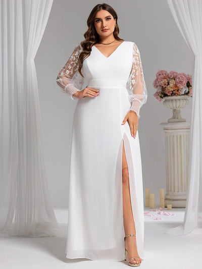 Plus Size High Slit Embroidered Long Sleeve Chiffon Formal Evening Dress #color_White