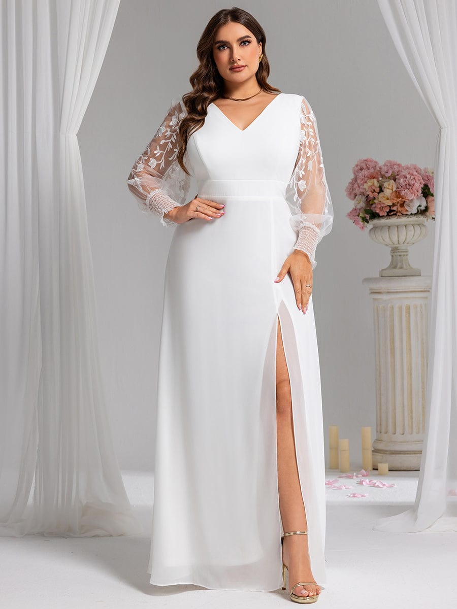 Plus Size High Slit Embroidered Long Sleeve Chiffon Formal Evening Dress #color_White