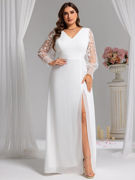 long sleeve white dresses for graduation Berylove Women White Courthouse Wedding Dress Lace A-Line Bridal Shower Dress With Long Sleeves, White / US24W main image 0