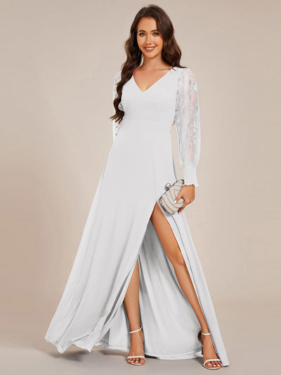 See-Through Long Sleeve V-Neck High Slit Chiffon Formal Evening Dress #color_White