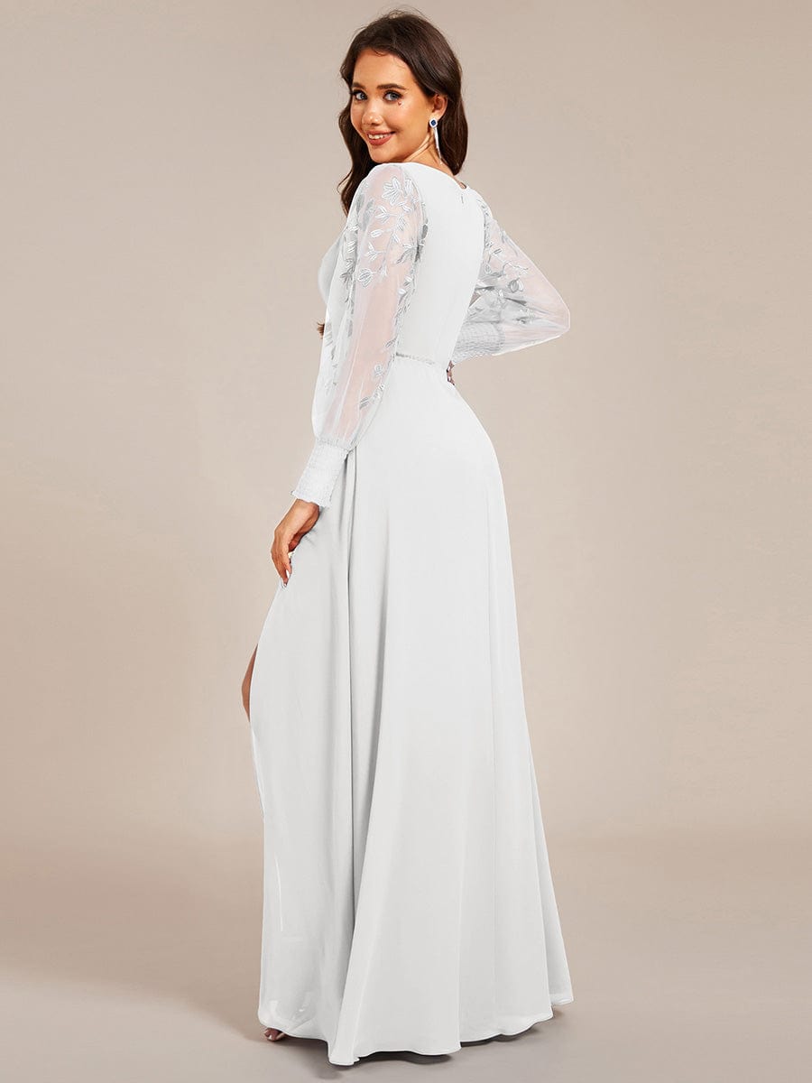 See-Through Long Sleeve V-Neck High Slit Chiffon Formal Evening Dress #color_White