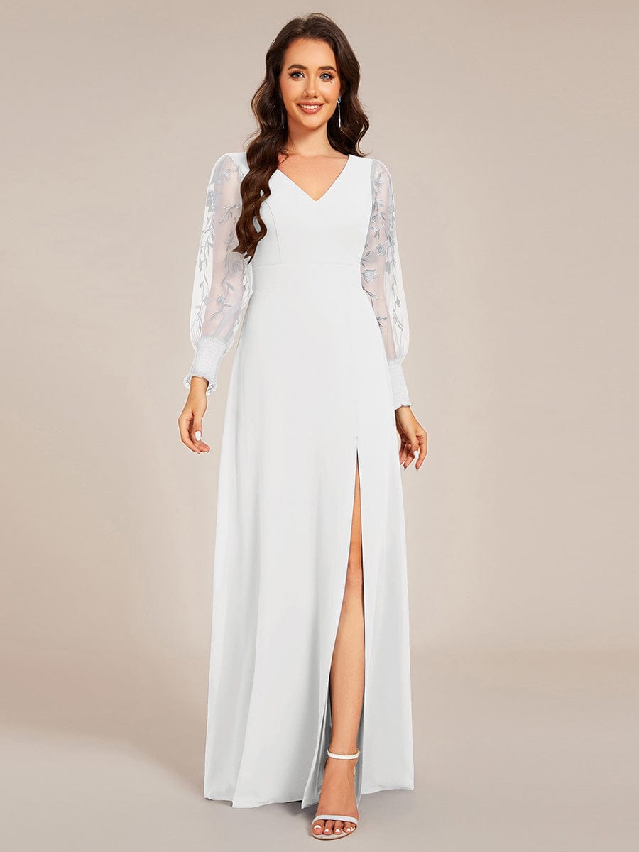 See-Through Long Sleeve V-Neck High Slit Chiffon Formal Evening Dress #color_White