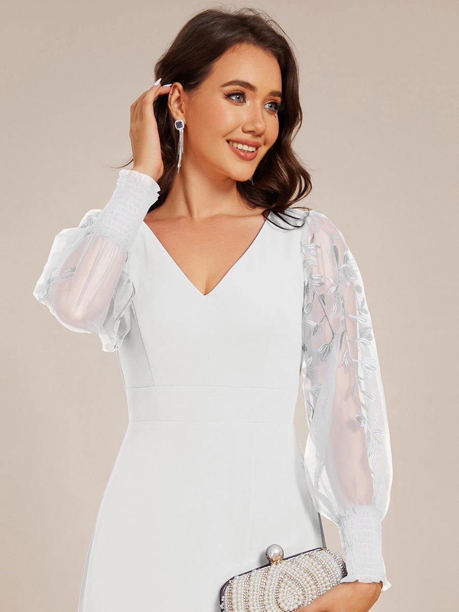 See-Through Long Sleeve V-Neck High Slit Chiffon Formal Evening Dress #color_White