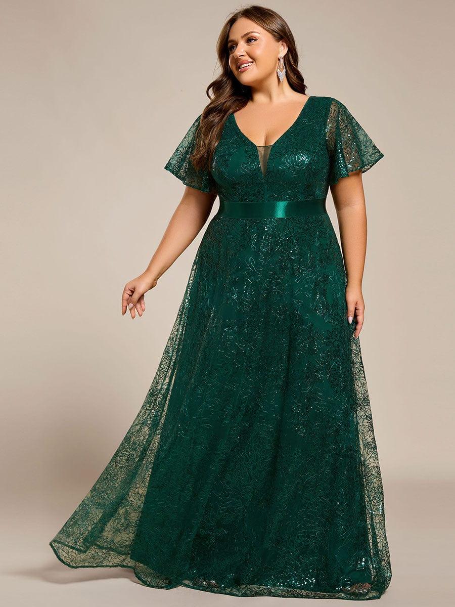 Plus Szie Sequin Evening Maxi Dress with Illusion Neckline