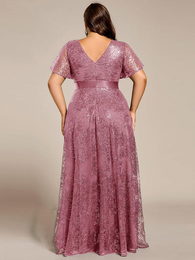 Plus Size Illusion Sequin V-neck Short Sleeve Maxi Formal Dress #color_Purple Orchid