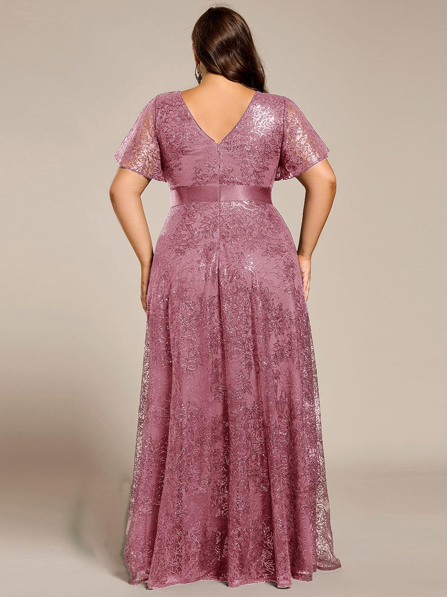Plus Size Illusion Sequin V-neck Short Sleeve Maxi Formal Dress #color_Purple Orchid