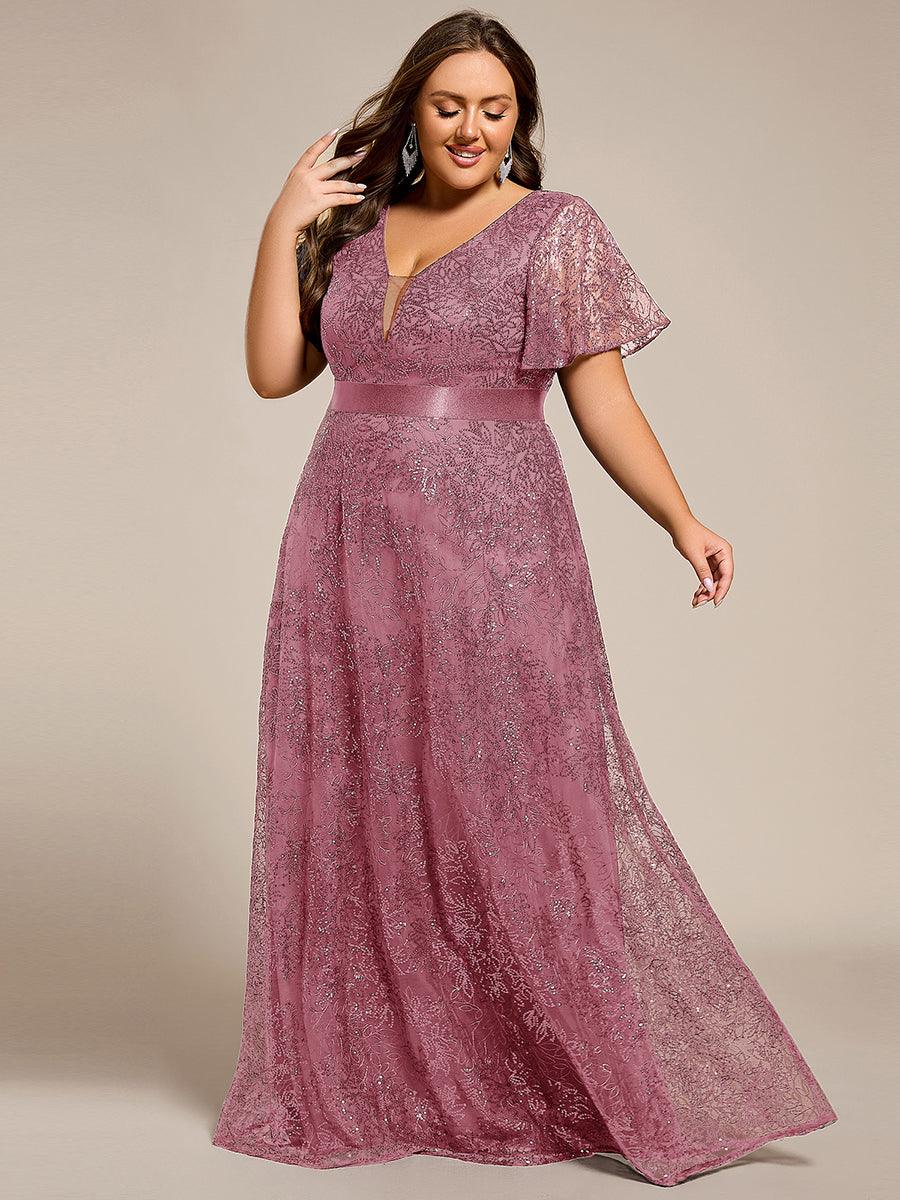 Plus Size Illusion Sequin V-neck Short Sleeve Maxi Formal Dress #color_Purple Orchid