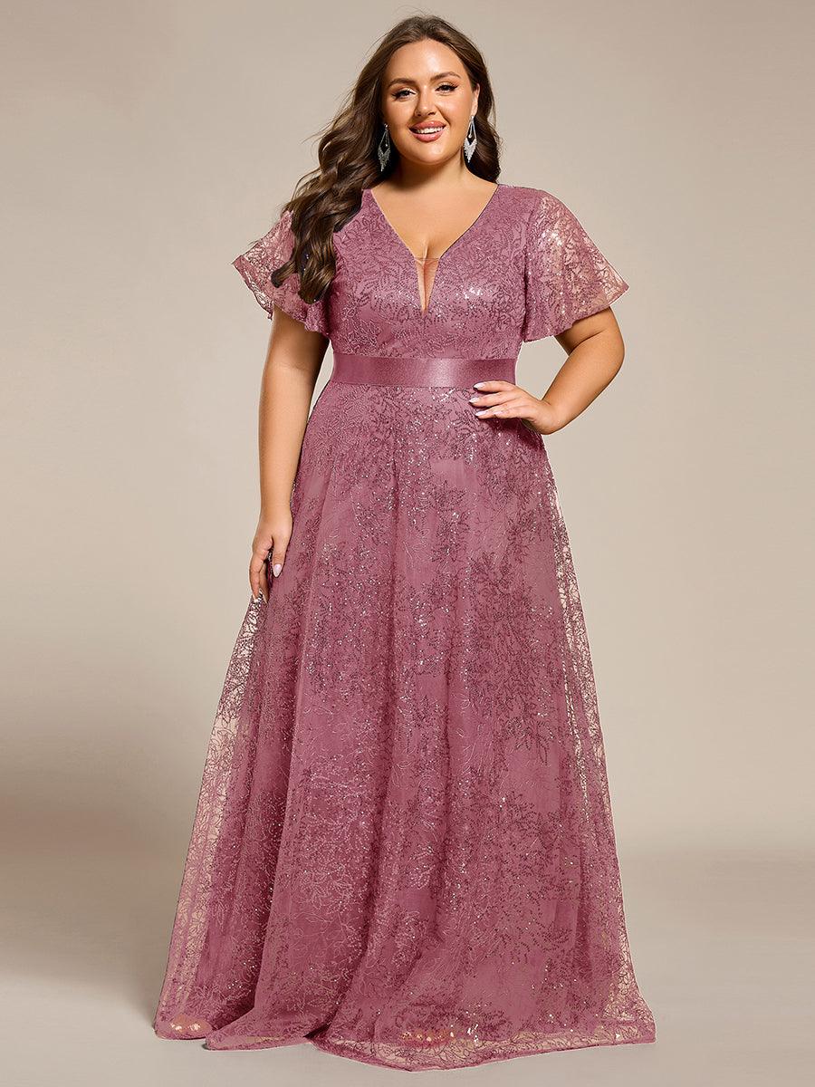 Plus Size Illusion Sequin V-neck Short Sleeve Maxi Formal Dress #color_Purple Orchid