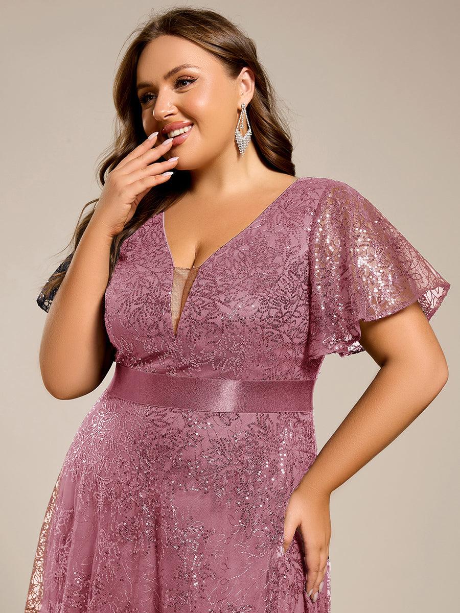 Plus Size Illusion Sequin V-neck Short Sleeve Maxi Formal Dress #color_Purple Orchid