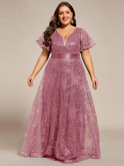 Plus Size Illusion Sequin V-neck Short Sleeve Maxi Formal Dress #color_Purple Orchid