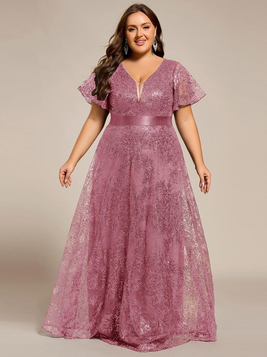 Plus Size Illusion Sequin V-neck Short Sleeve Maxi Formal Dress #color_Purple Orchid