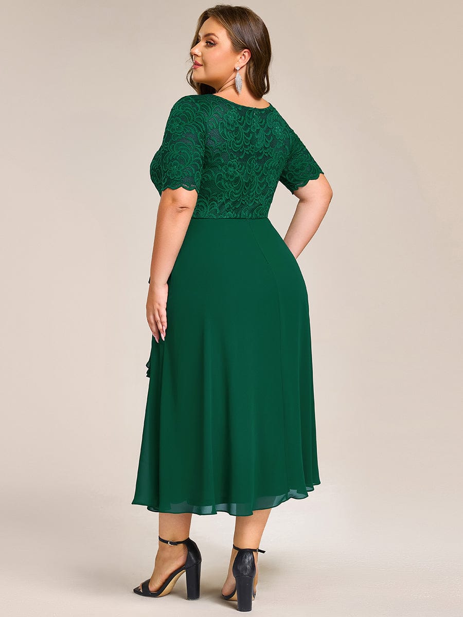 Plus Size Lace Top Short Sleeve A-Line Split Round Neck Formal Dress #color_Dark Green