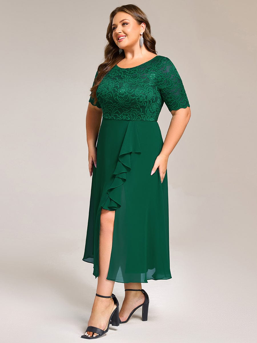 Plus Size Lace Top Short Sleeve A-Line Split Round Neck Formal Dress #color_Dark Green