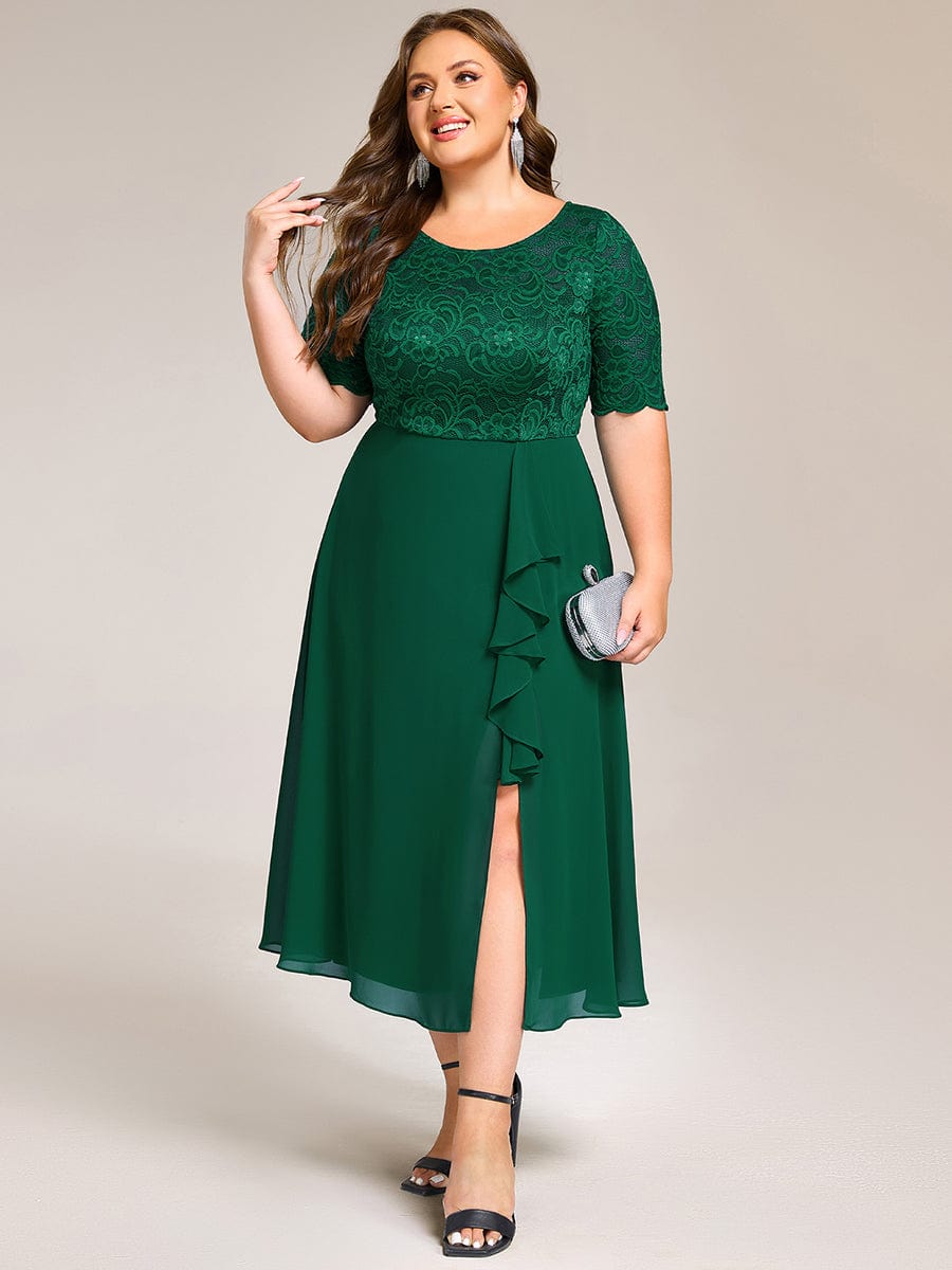 Plus Size Lace Top Short Sleeve A-Line Split Round Neck Formal Dress #color_Dark Green
